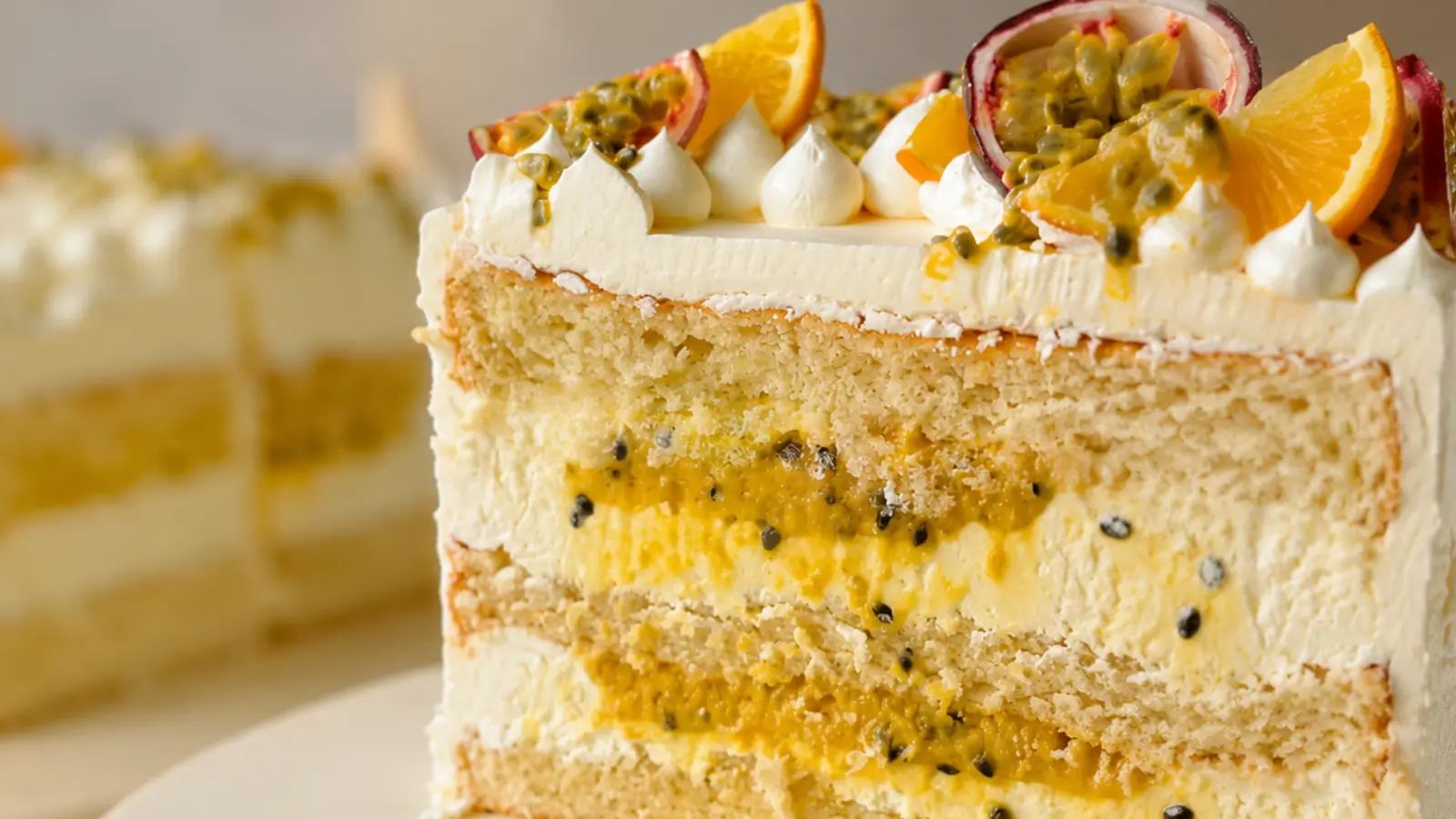 Tropical wedding cake slice with passion fruit filling, citrus decorations, cream layers, and fresh island-inspired flavors for a beach wedding.