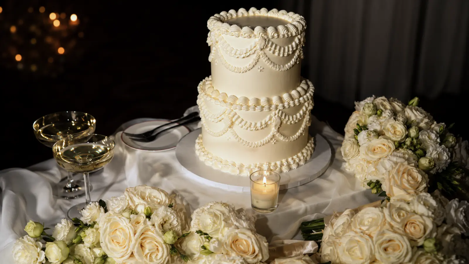 Two tier Lambeth wedding cake with vintage piping
