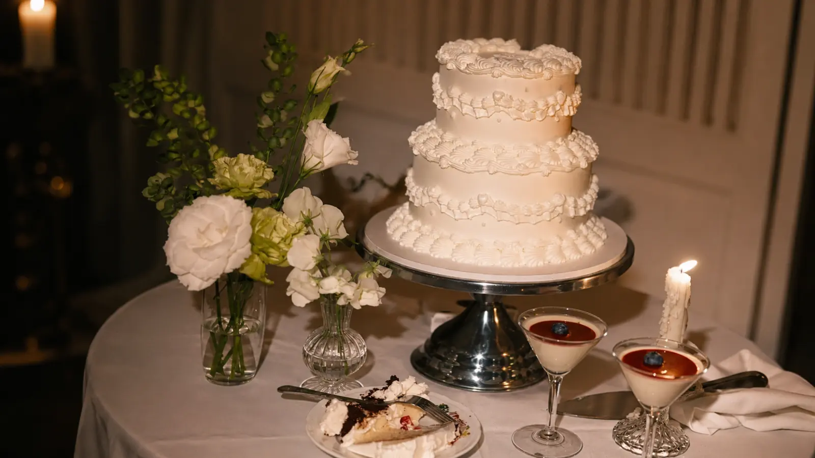 Vintage Lambeth wedding cake table with romantic decorations