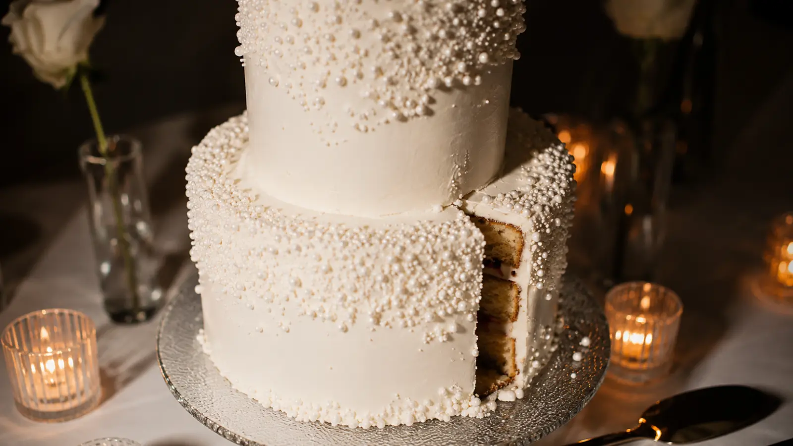 Vintage wedding cake with pearl details and elegant design