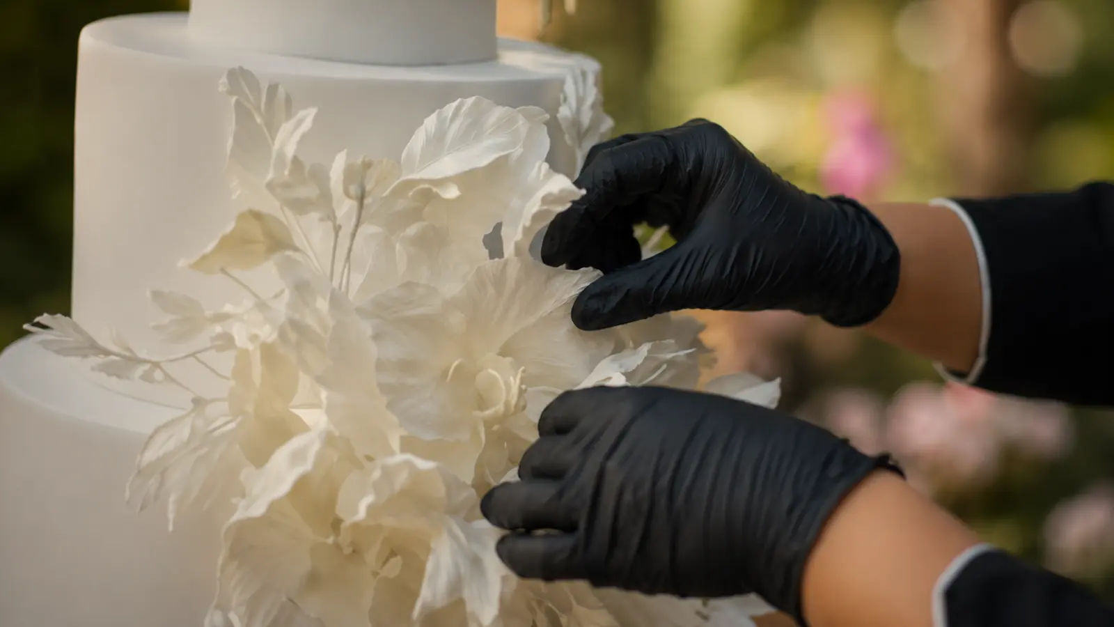 Wedding cake baker adding final floral details