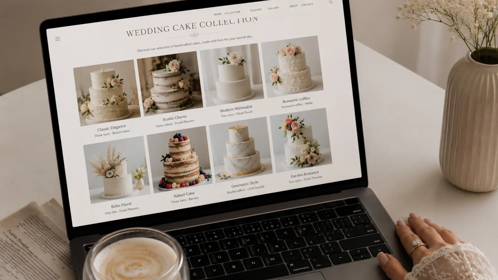 Reviewing wedding cake baker portfolio online