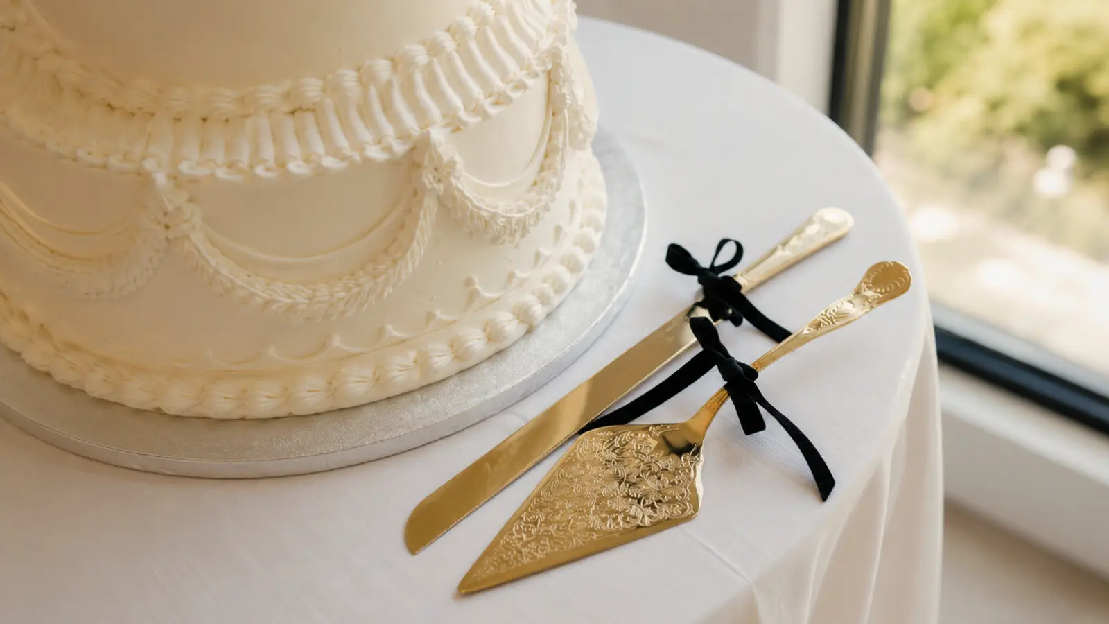 Wedding cake serving set with gold utensils