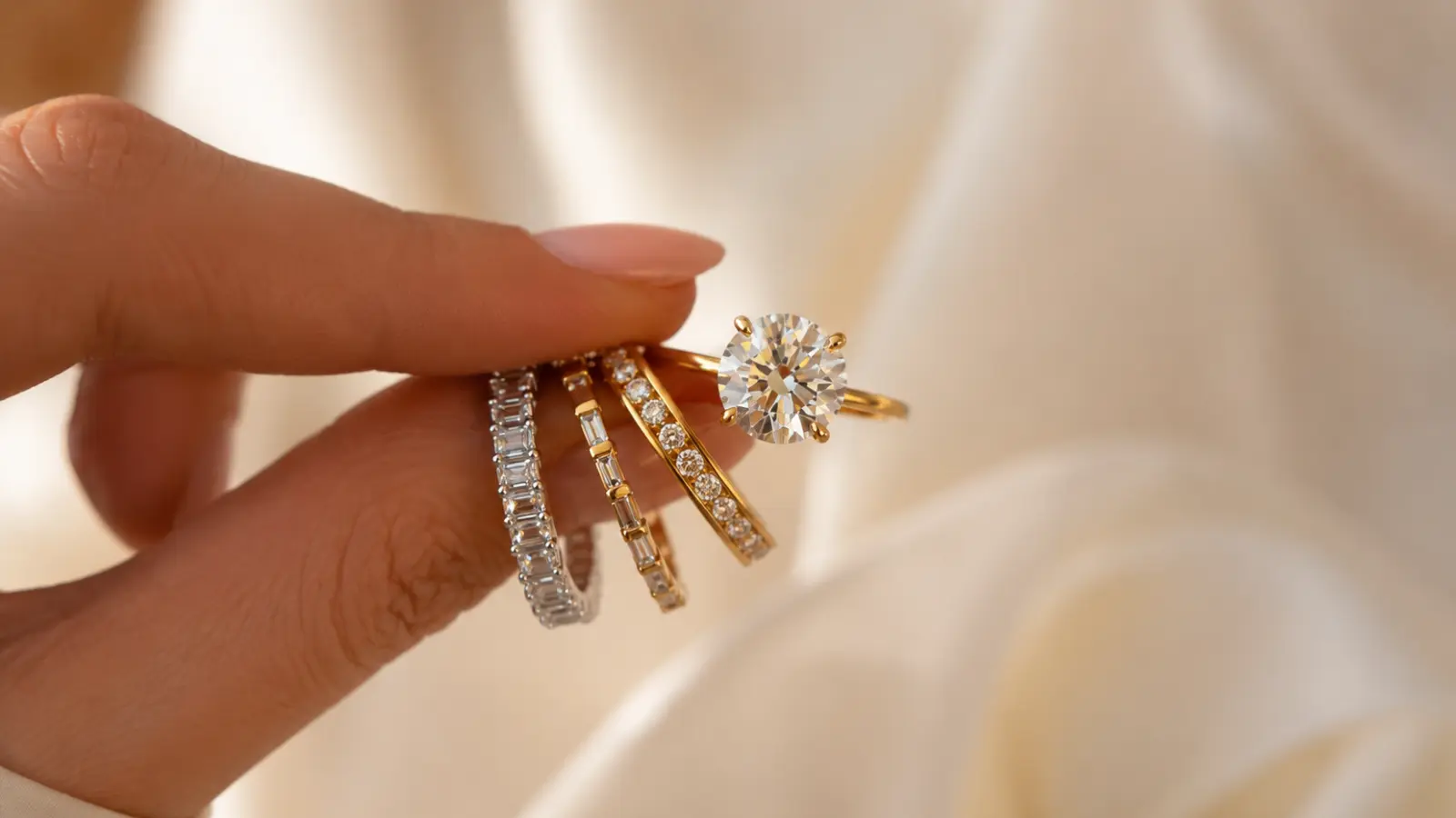 Close-up of multiple wedding ring styles including gold rings, diamond bands, and engagement ring designs held together for comparison.