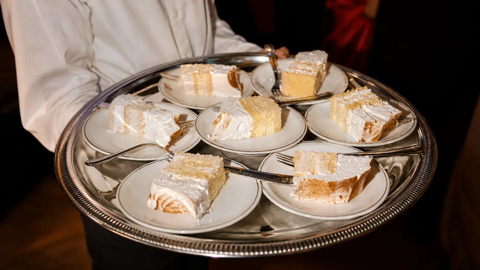 Wedding sheet cake slices on serving tray