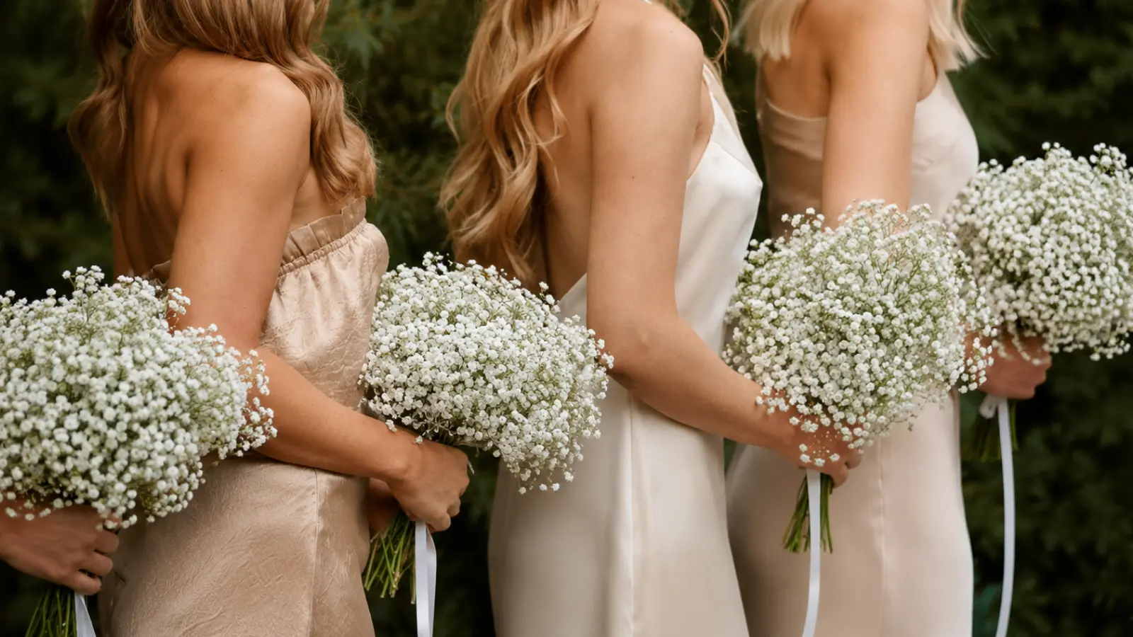 Bridesmaids holding matching baby's breath wedding bouquets during an outdoor wedding