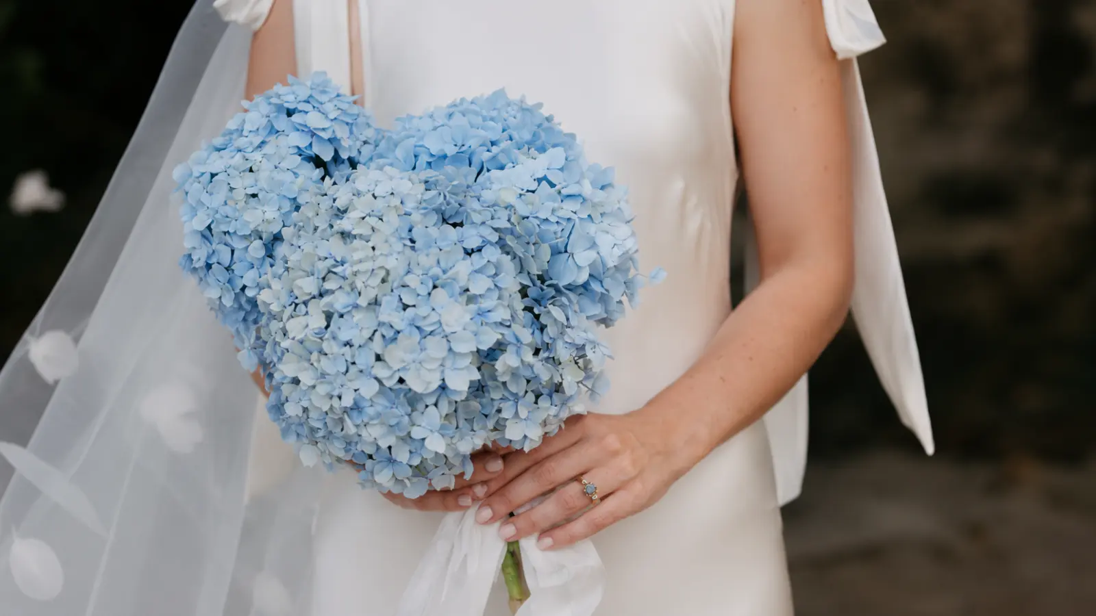 Bride holding a round blue hydrangea wedding bouquet wrapped with a white chiffon ribbon Hydrangea Wedding Bouquet
