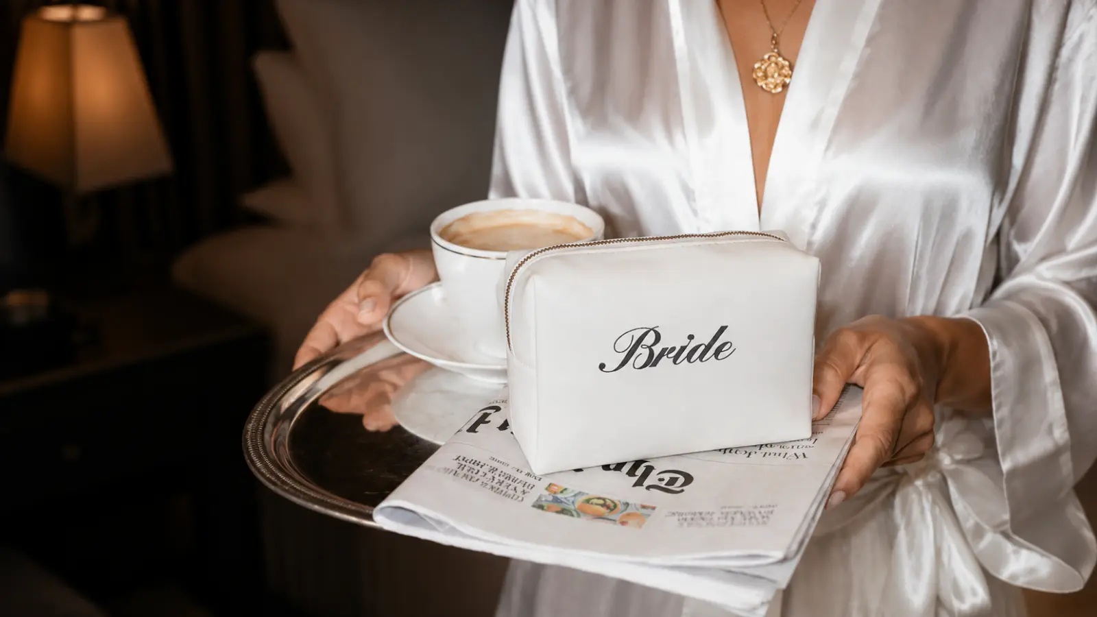 Bride holding her wedding emergency kit during the getting ready process