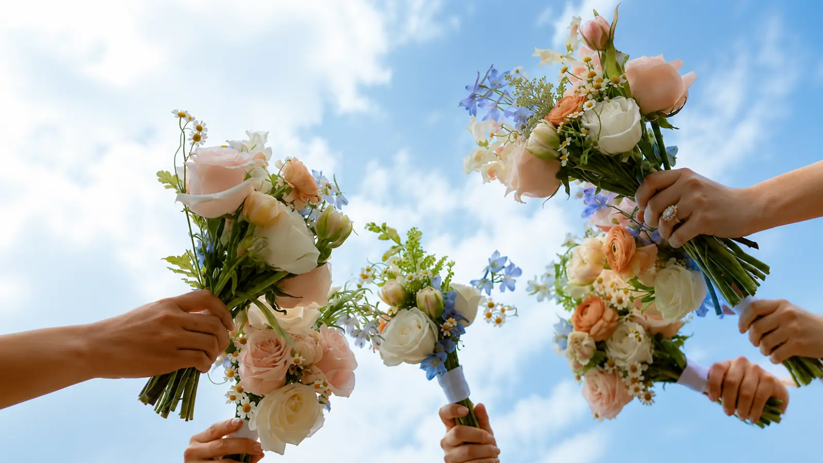 Bridesmaids holding bouquets before the wedding bouquet toss tradition