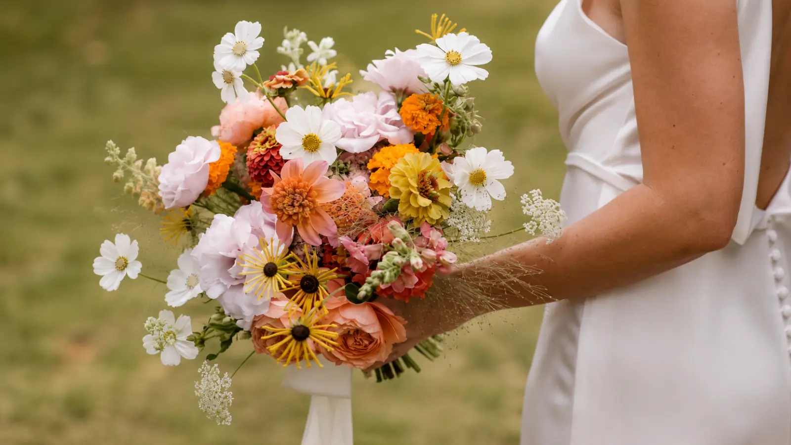 Bride holding a bright spring wedding bouquet with cosmos, peonies, roses and seasonal spring flowers