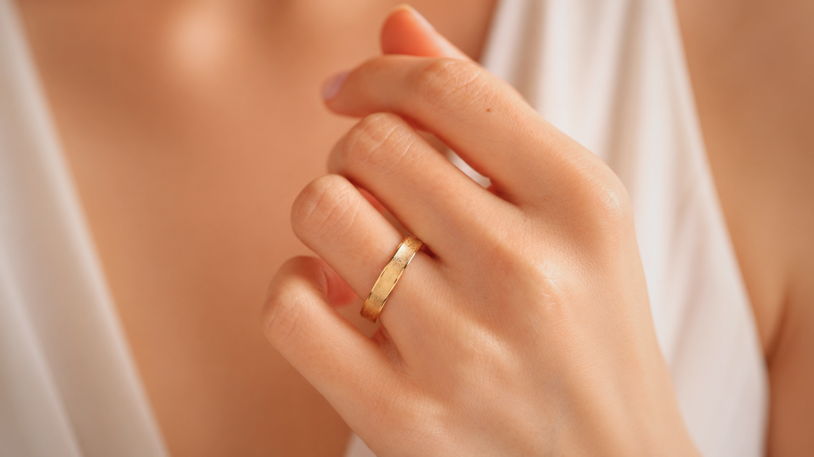 Close-up of a woman wearing a classic flat gold wedding ring with a minimalist design, highlighting its timeless style and comfortable everyday fit Simple Wedding Rings for Women