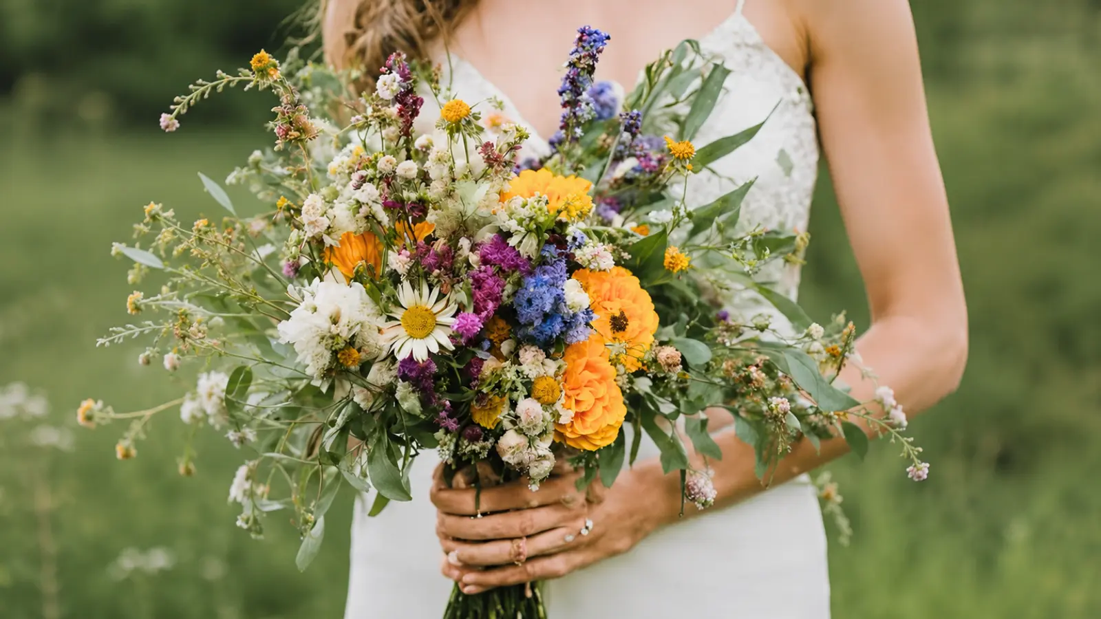 Bride holding a colorful rustic wedding bouquet with wildflowers and greenery