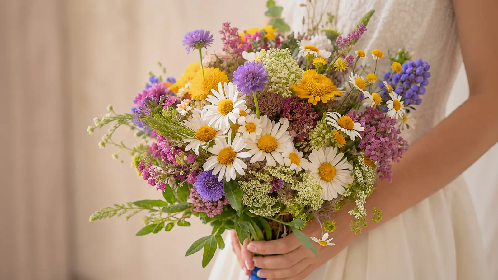 Bride holding a colorful wildflower wedding bouquet with daisies, asters, yarrow, and fresh seasonal blooms