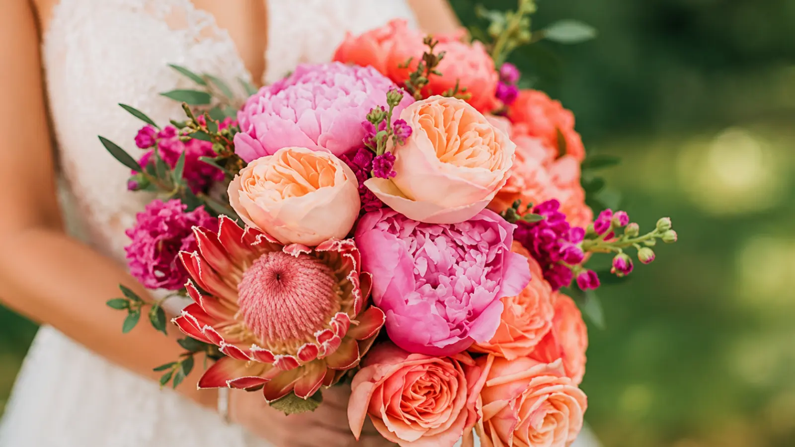 Bride holding a coral pink and peach wedding bouquet with peonies, roses and king protea