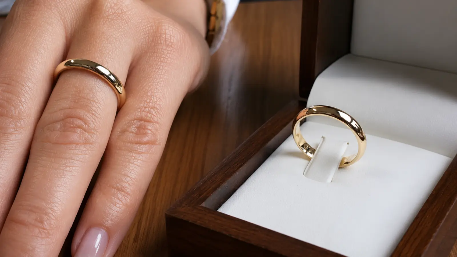 A classic gold wedding band fitting comfortably on a finger with a matching ring displayed in a jewelry box