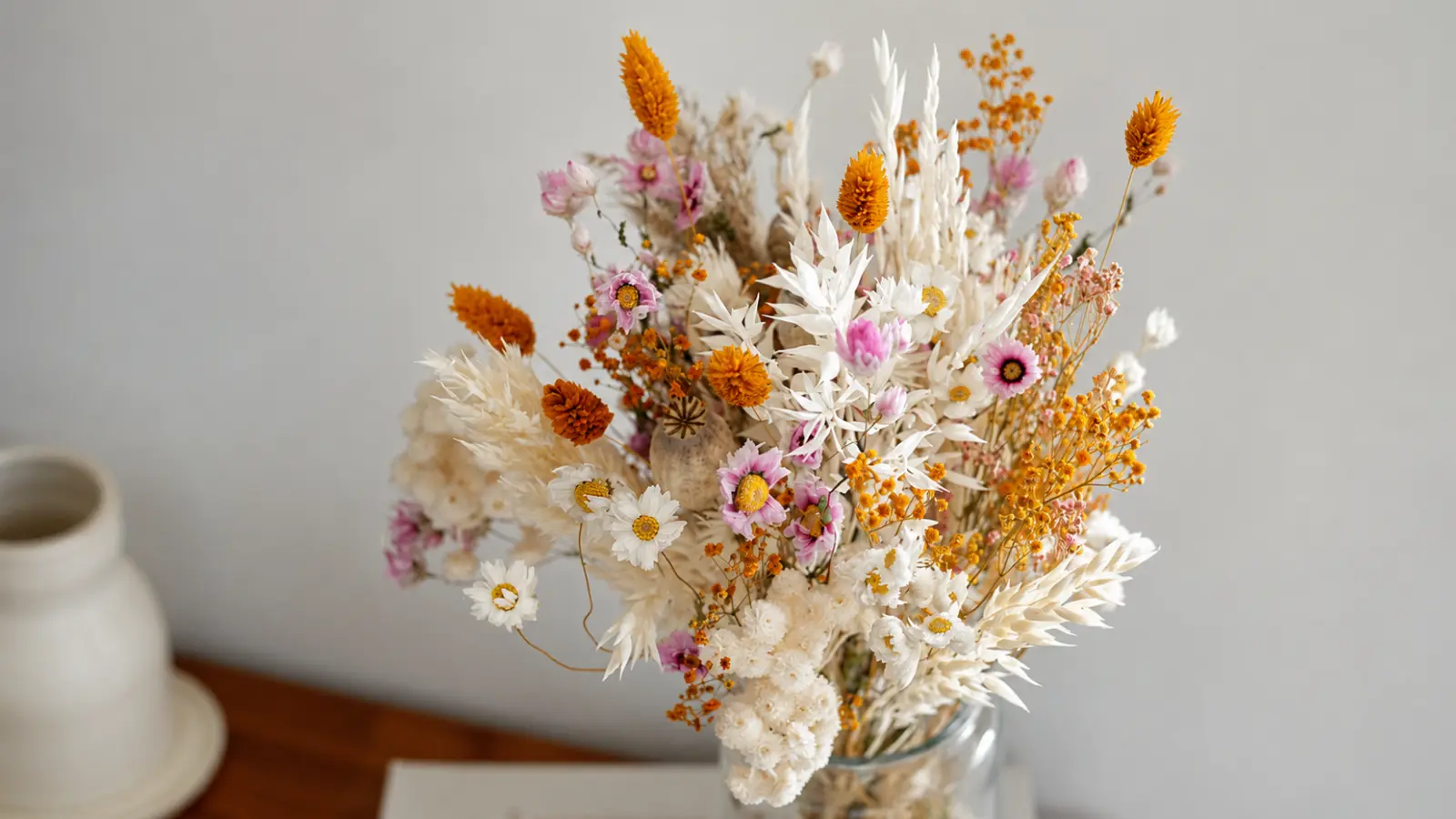 Dried flower wedding centerpiece with preserved blooms colorful botanicals and long lasting natural textures