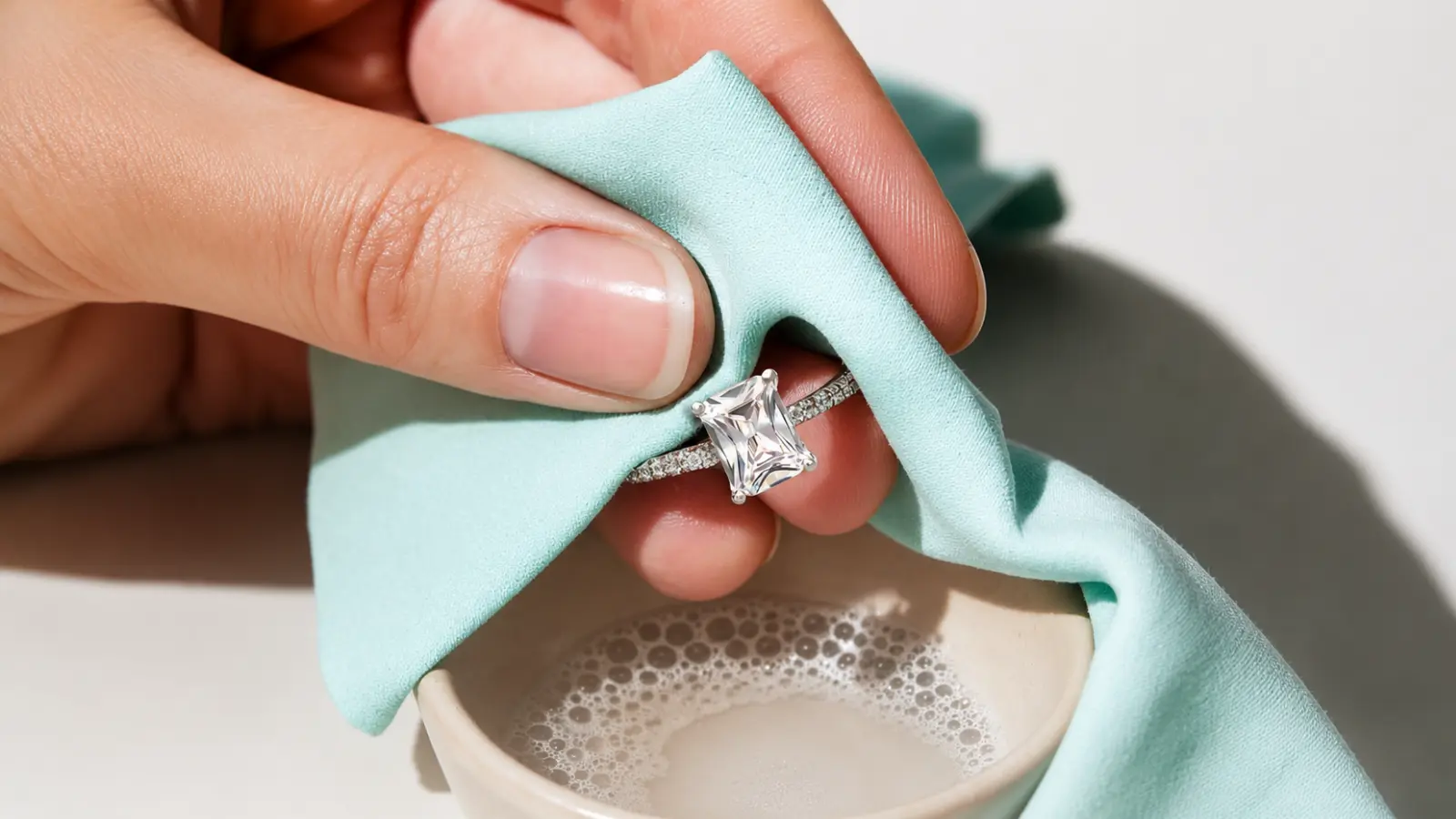 A clean engagement ring being carefully dried with a soft microfiber cloth after a safe at-home cleaning routine