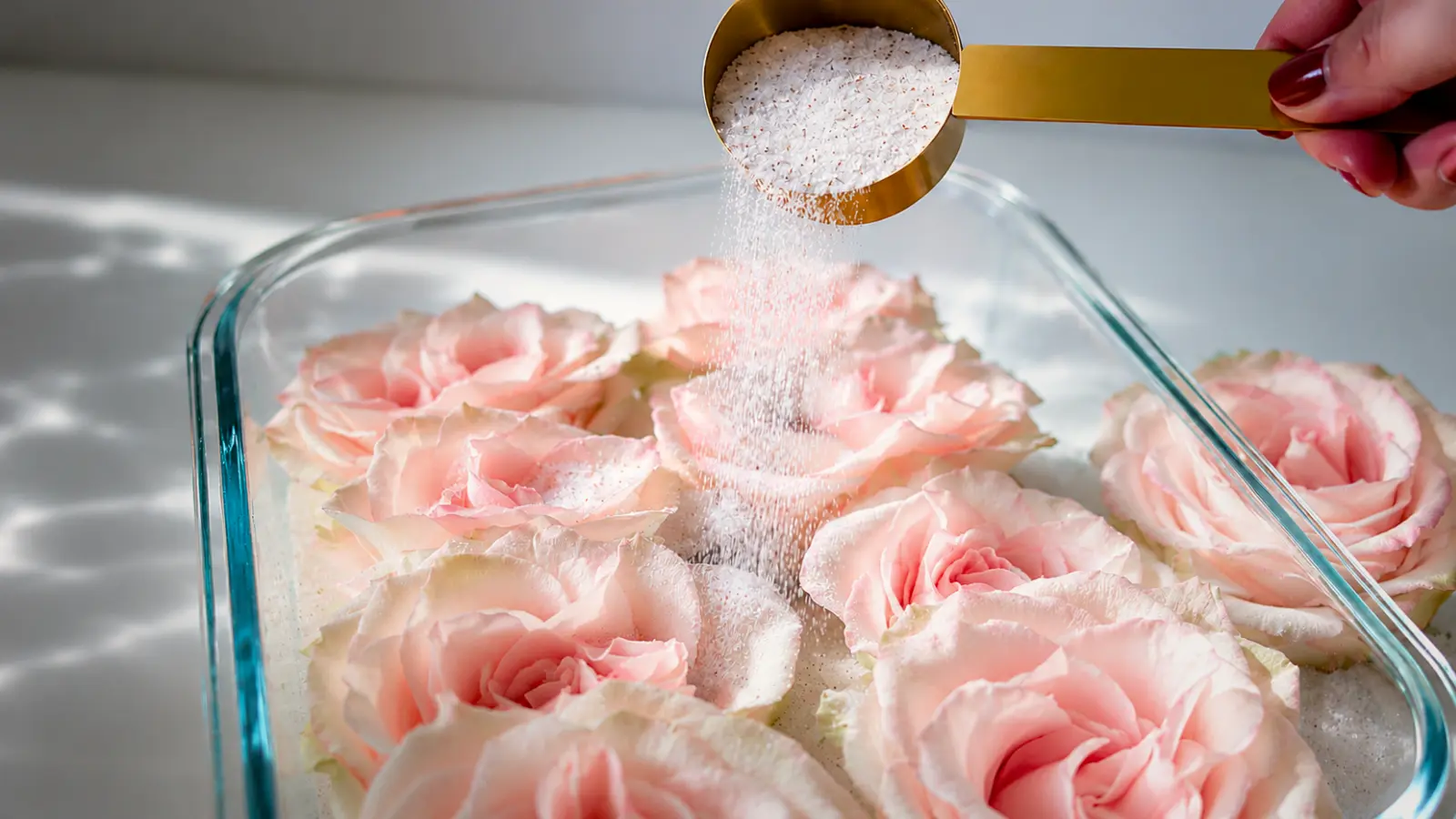 Pink roses arranged in a glass dish while white drying powder is poured over the petals for flower preservation