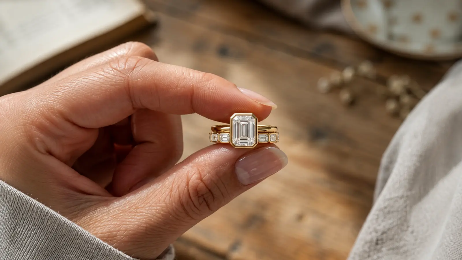 A hand holds an emerald cut gemstone engagement ring with matching wedding band, highlighting the precise step-cut center stone