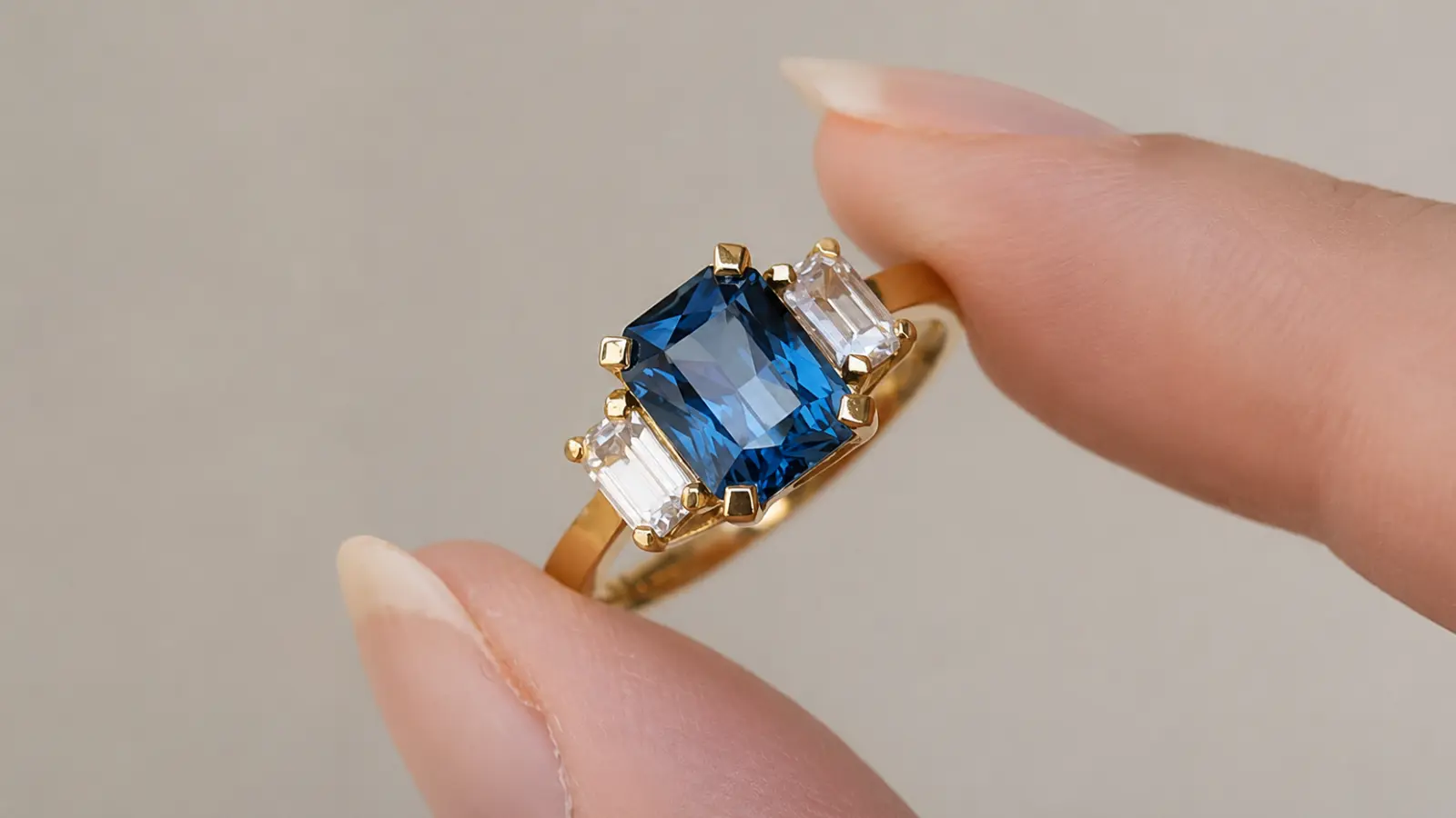 A hand holds an emerald cut sapphire wedding rings featuring trapezoid-style diamond side stones set in a yellow gold band
