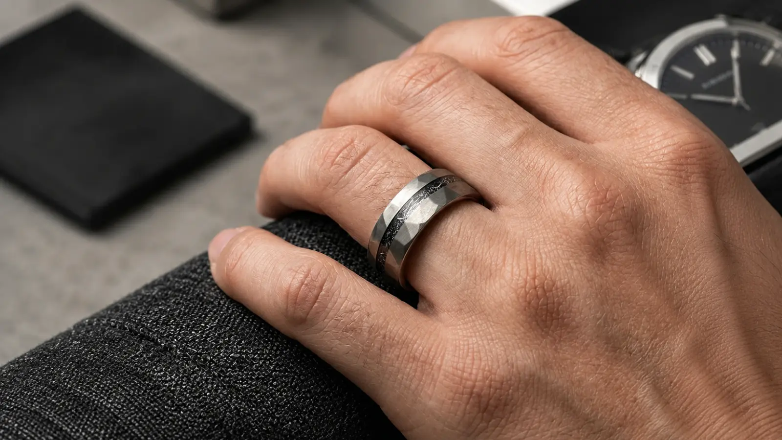 A hand wearing a faceted meteorite wedding ring highlights the angular design and authentic meteorite inlay in a sophisticated everyday setting