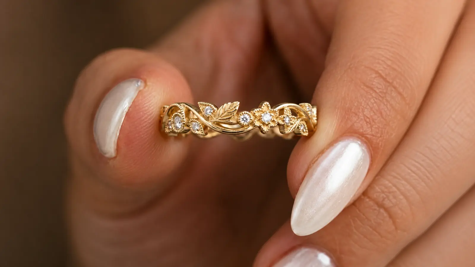A close-up of a floral vine wedding band with delicate gold leaves, blossoms, and diamond accents