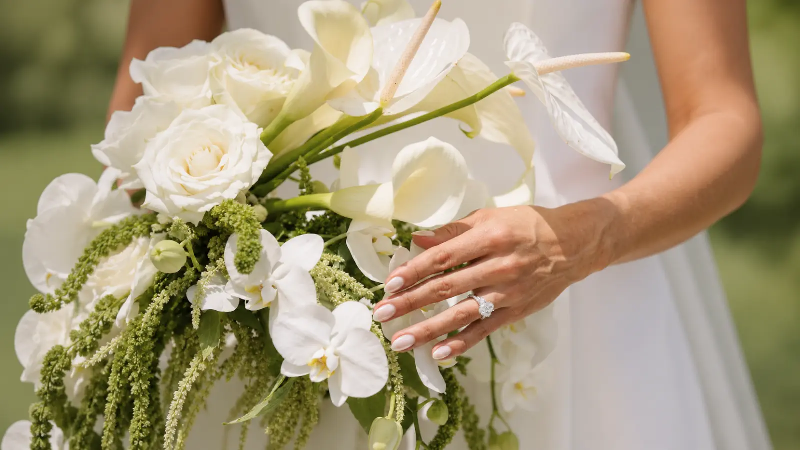 Bride holding an elegant fresh white wedding bouquet with roses, orchids and calla lilies