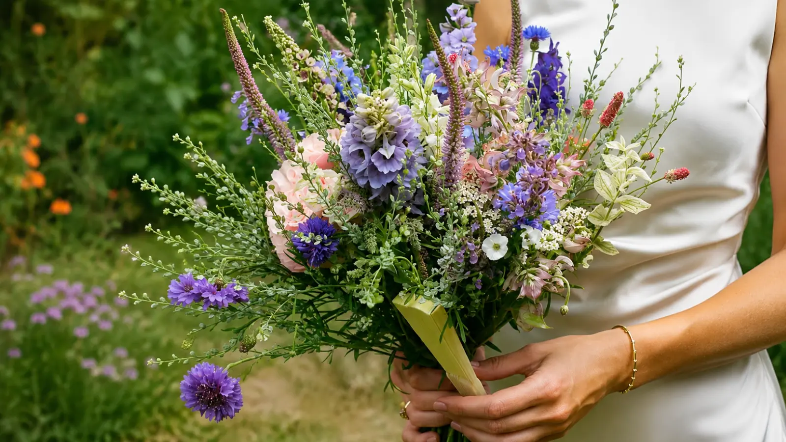 Bride holding a rustic garden wedding bouquet with seasonal flowers
