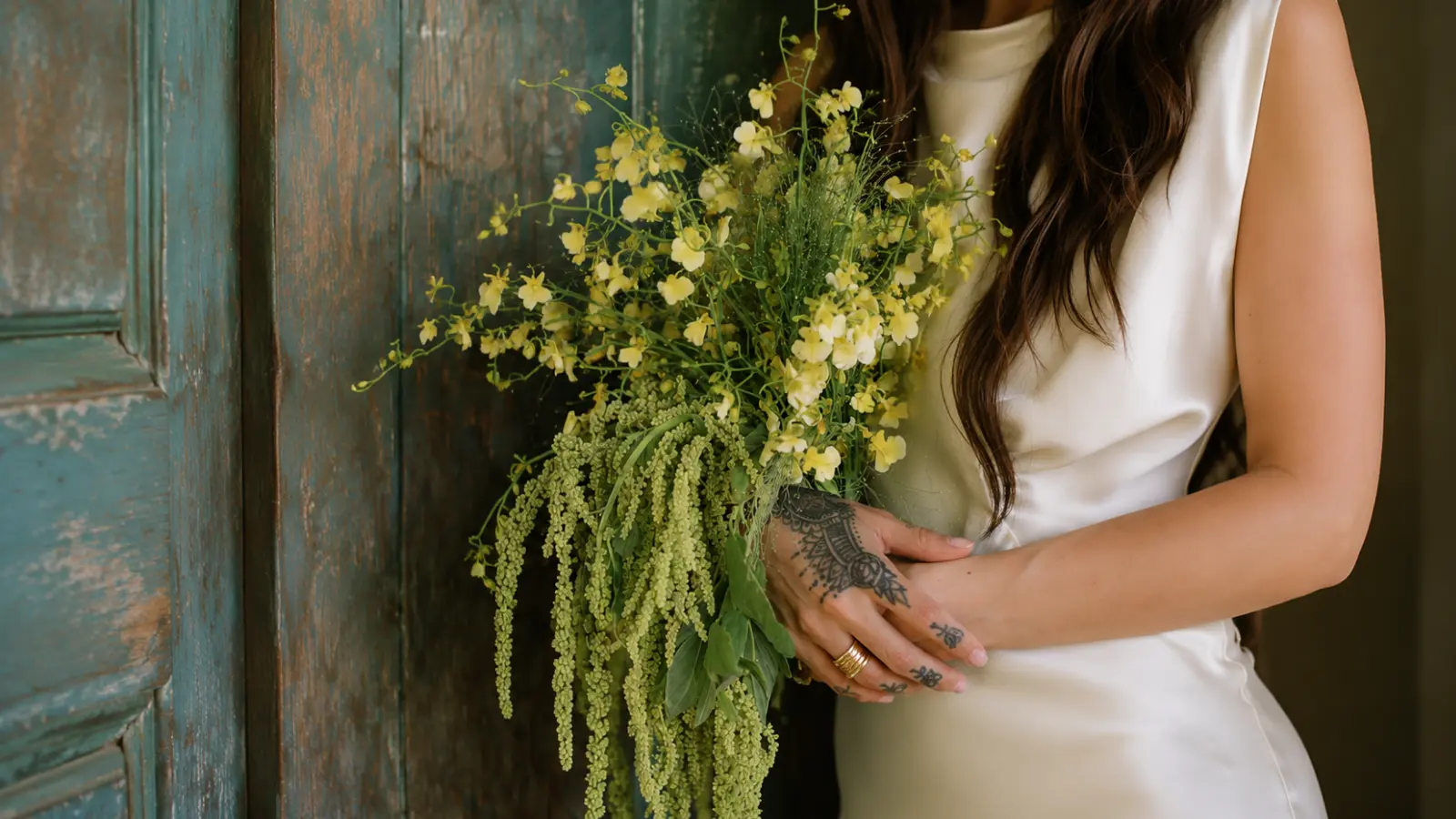 Bride holding a green and yellow cascading wedding bouquets with airy flowers and long trailing greenery beside a rustic doorway