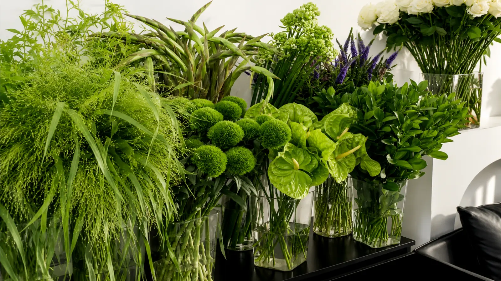 Fresh green flowers and foliage arranged for creating elegant wedding bouquets