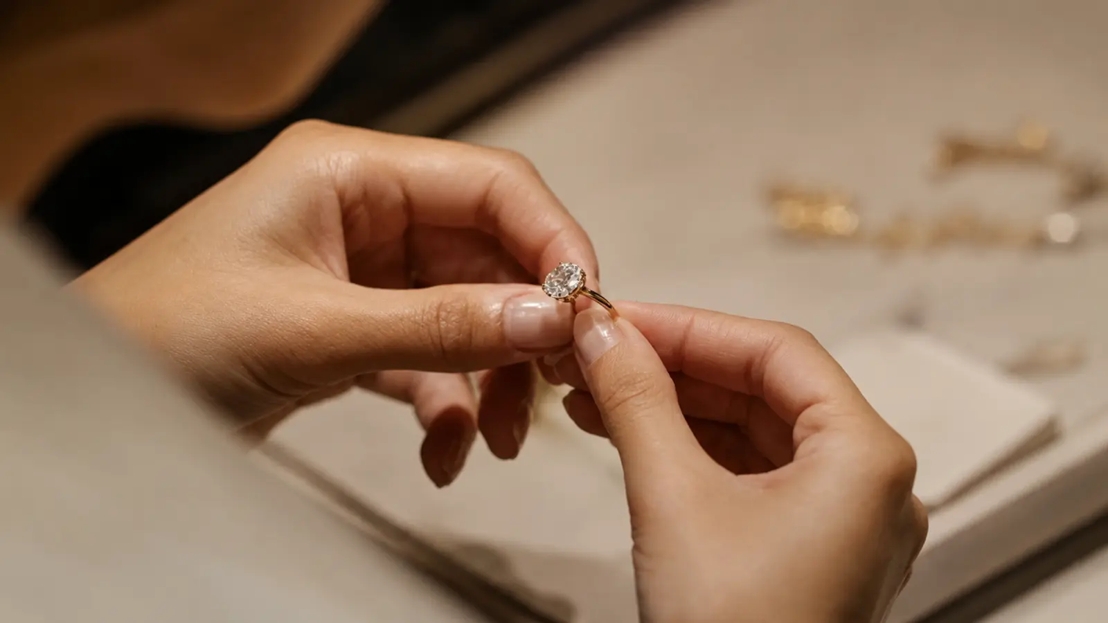 Hands closely inspecting a diamond engagement ring before obtaining jewelry insurance coverage Wedding Ring Insurance