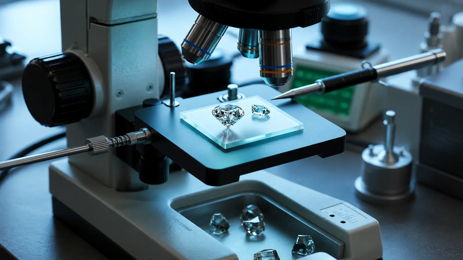 A gemological microscope inspects lab-grown diamonds placed on a glass stage during professional quality evaluation in a modern laboratory