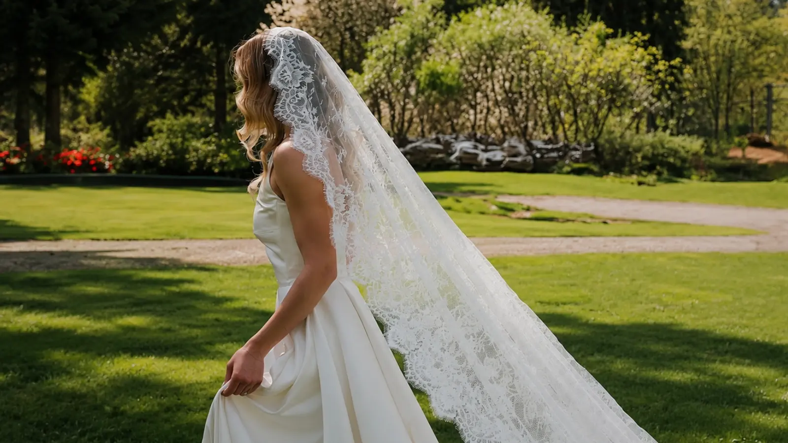 Bride wearing a lace cathedral wedding veil with a long train while walking through a garden