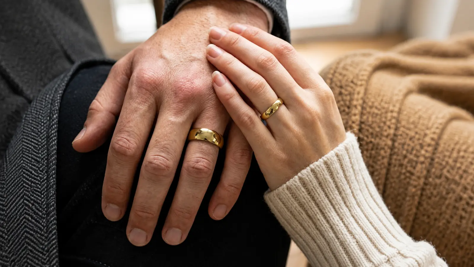 A couple displays different wedding bands on their hands, comparing the modern appearance of titanium with the classic look of gold rings