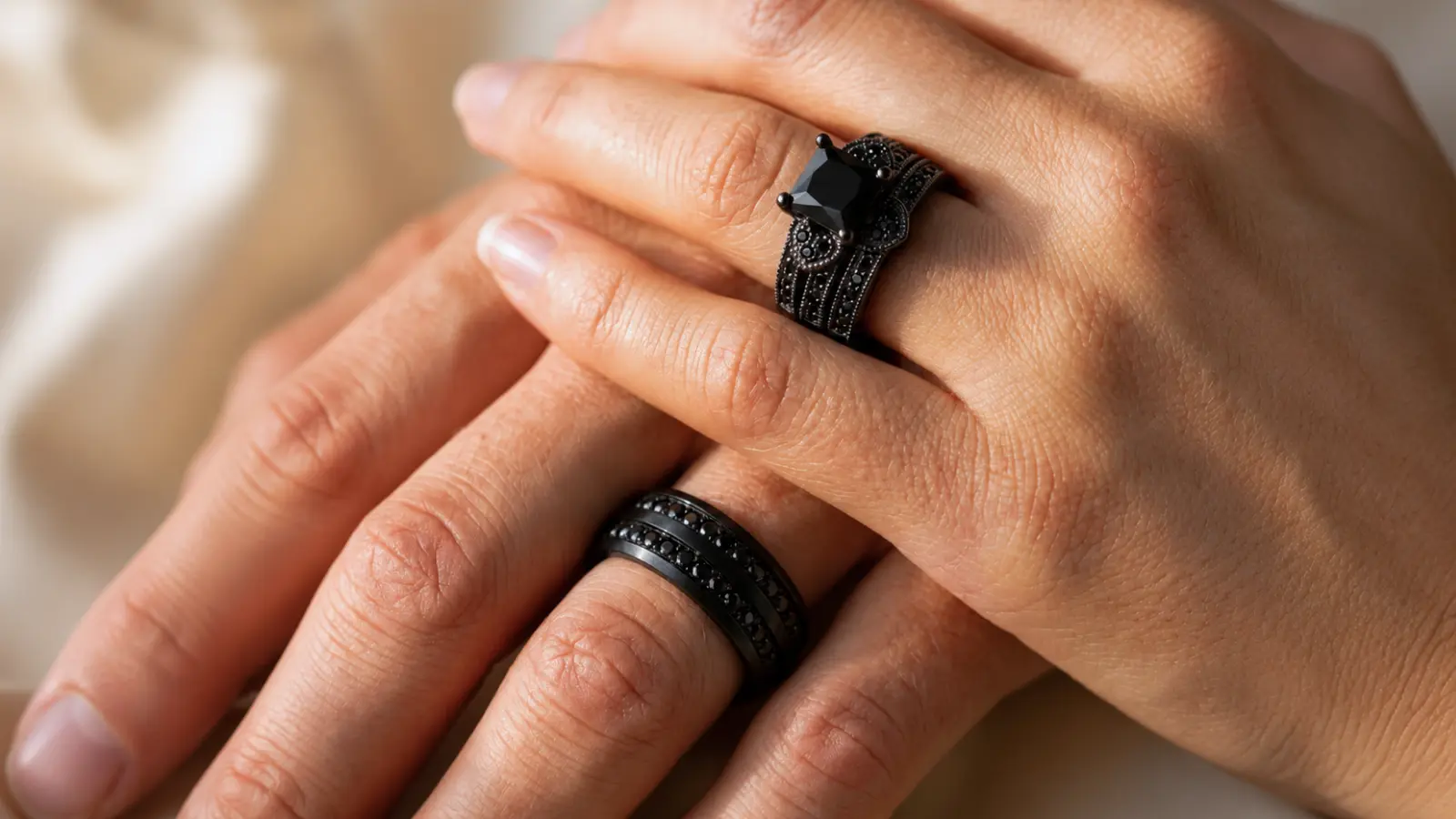 A couple wearing matching gothic black wedding rings featuring detailed black metal designs and coordinating styles