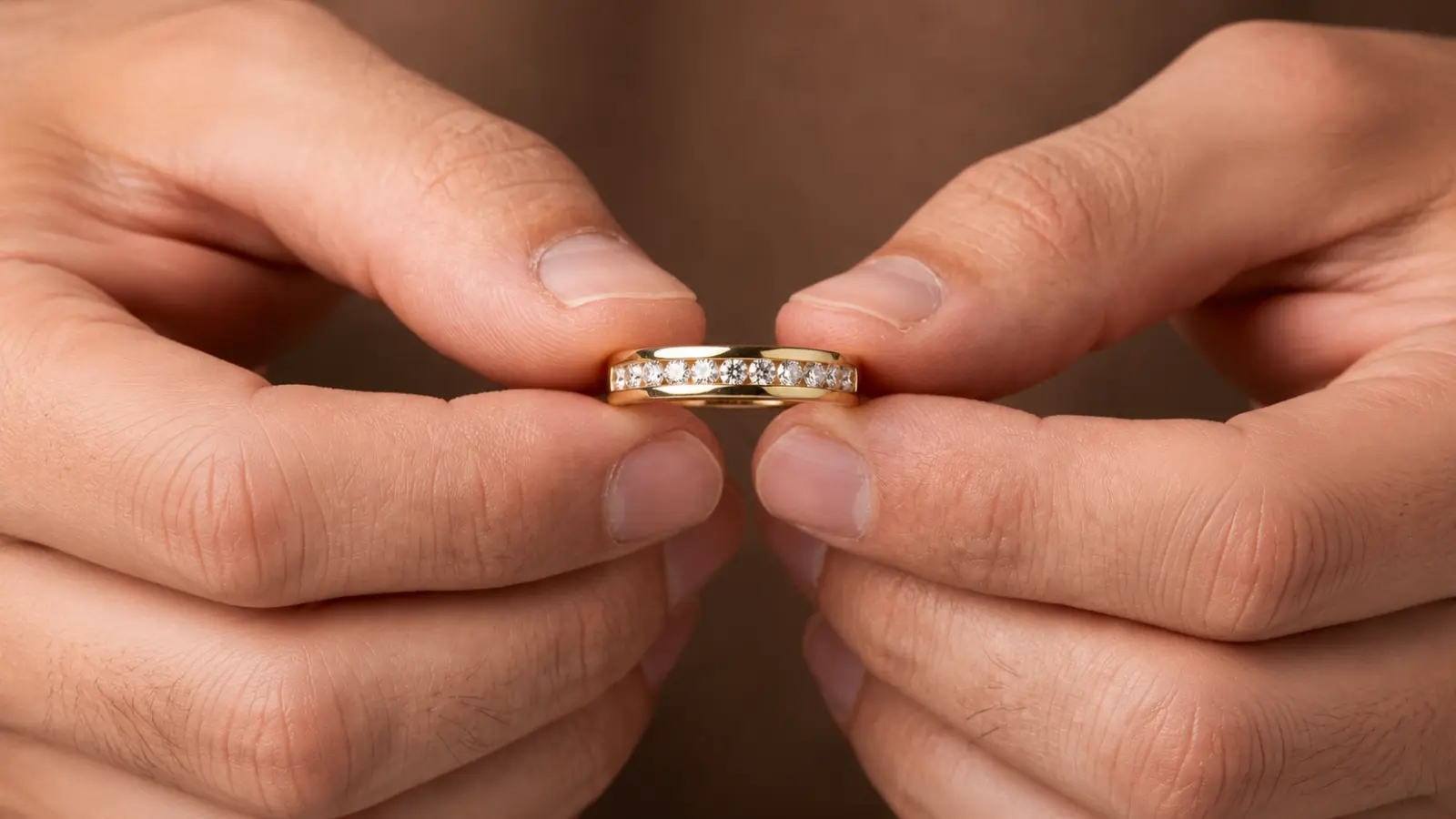 Hands holding a men's channel-set diamond wedding band with multiple round diamonds set into a polished gold band