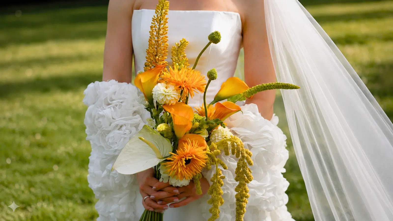 Bride holding a modern orange calla lily wedding bouquet with anthurium