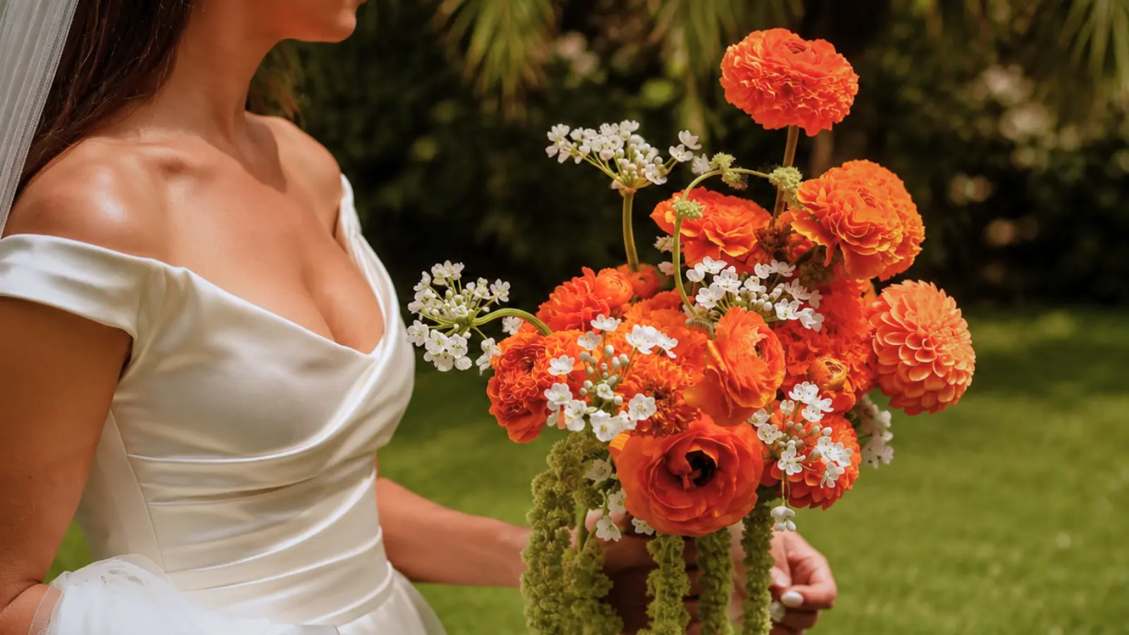 Bride holding an orange wedding bouquet with ranunculus, dahlias and white accent flowers