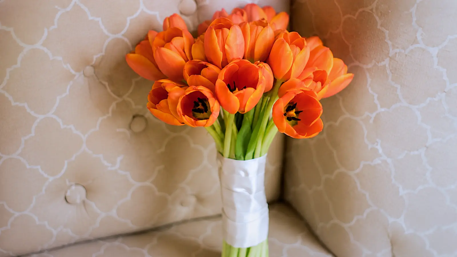 Orange tulip wedding bouquet wrapped with white satin ribbon
