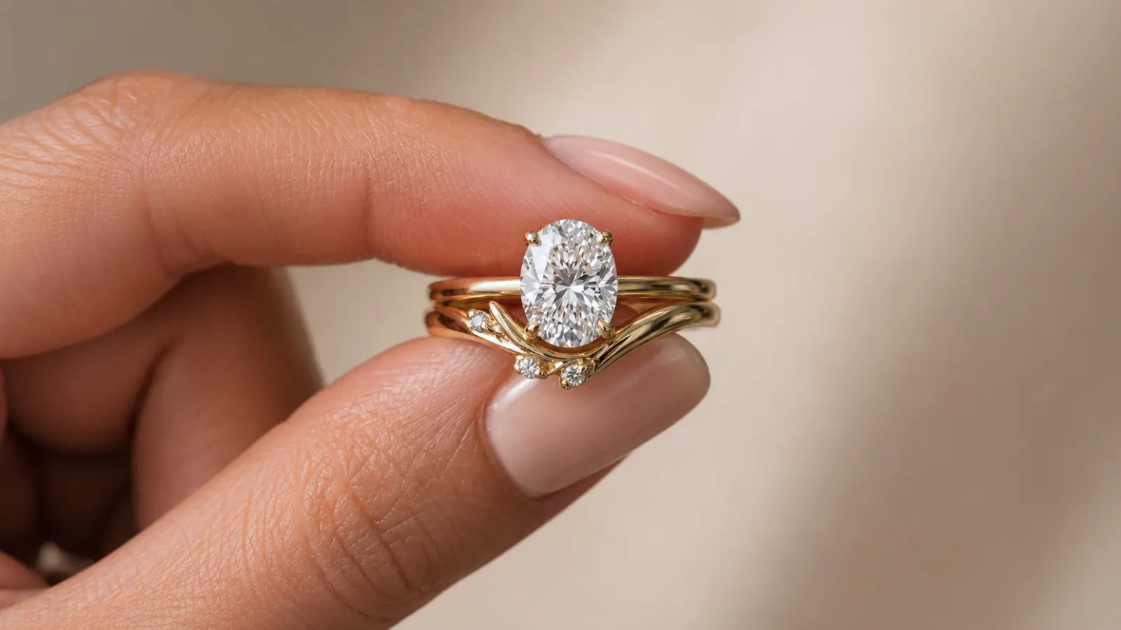 A contoured yellow gold wedding band fitted beneath an oval engagement ring with a seamless curved design