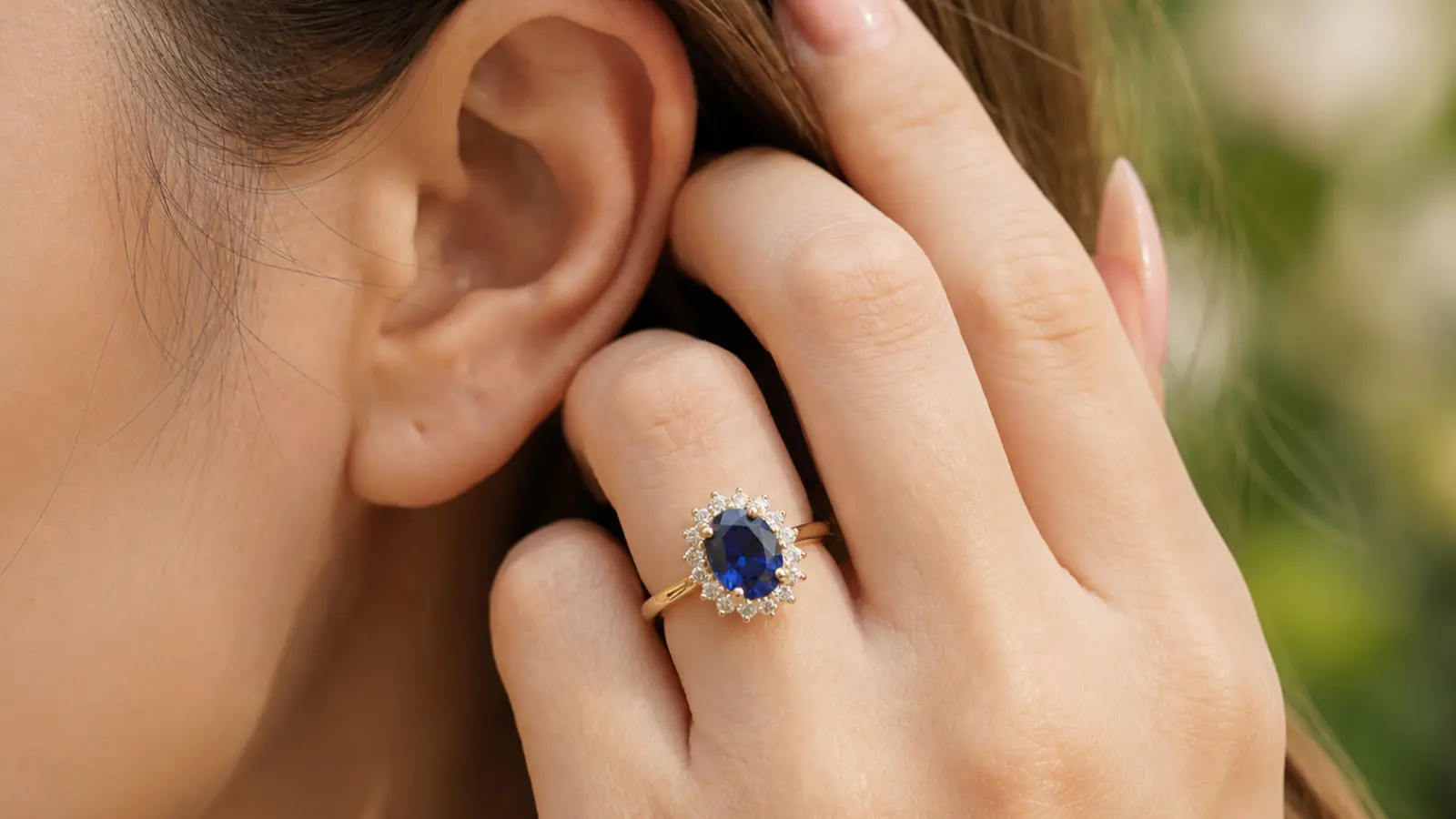 A close-up of an oval sapphire halo engagement ring with a diamond halo and yellow gold band worn on a woman's hand