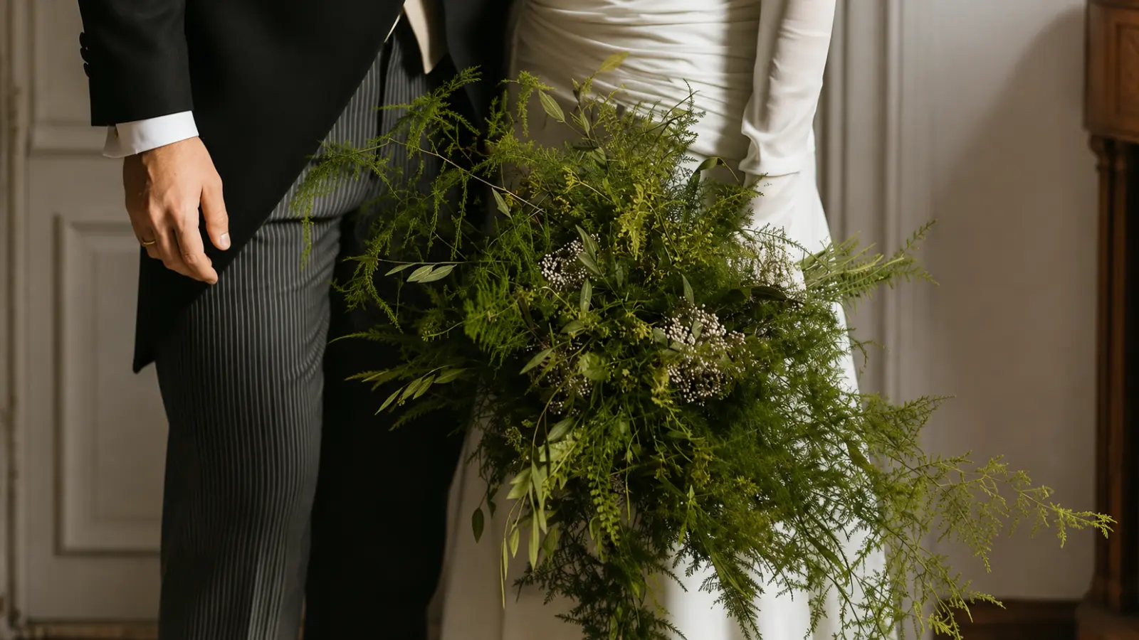 Bride and groom holding an oversized greenery wedding bouquet made with abundant foliage and airy botanical textures