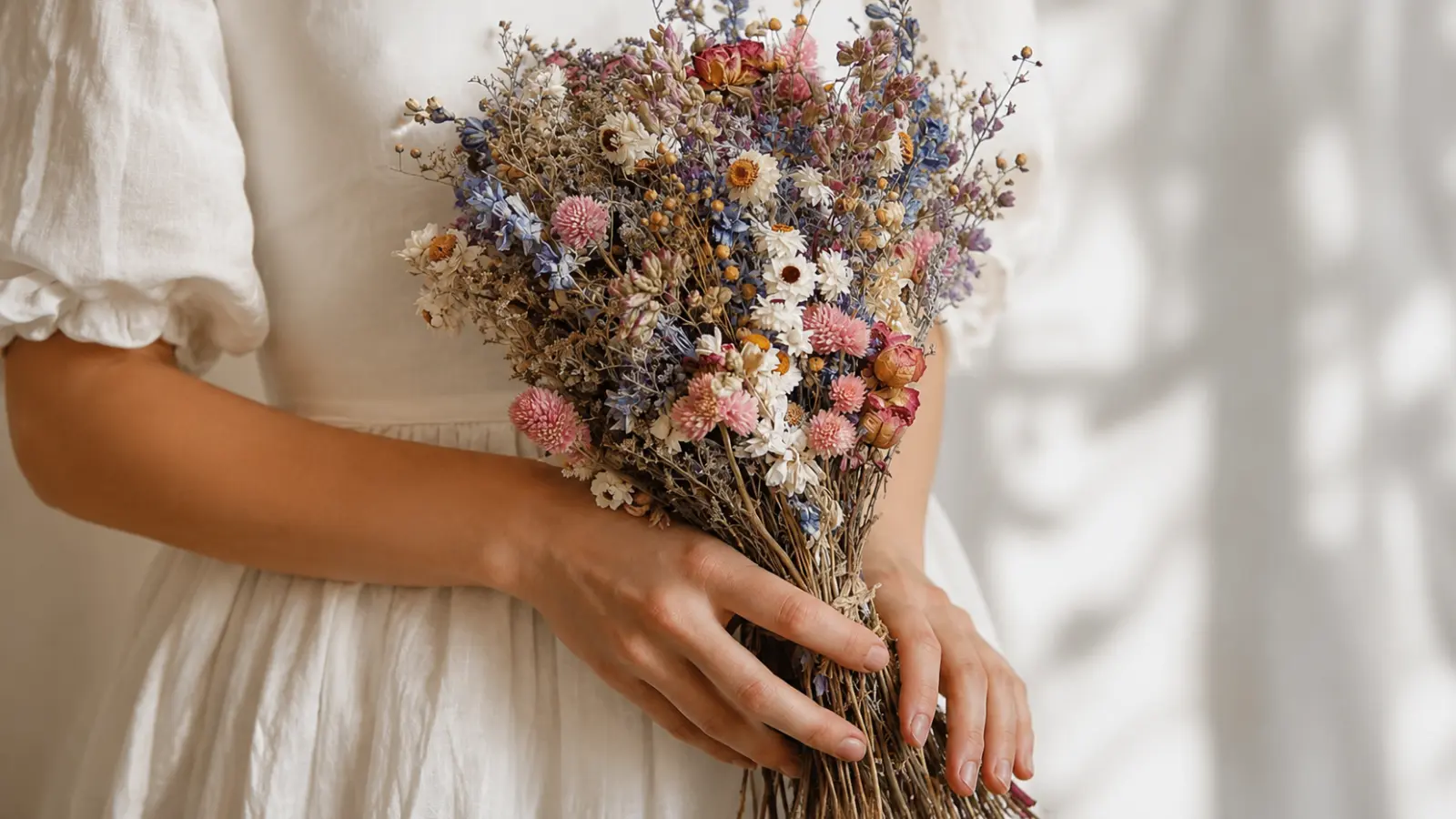 Bride holding a pastel dried flower boho wedding bouquet