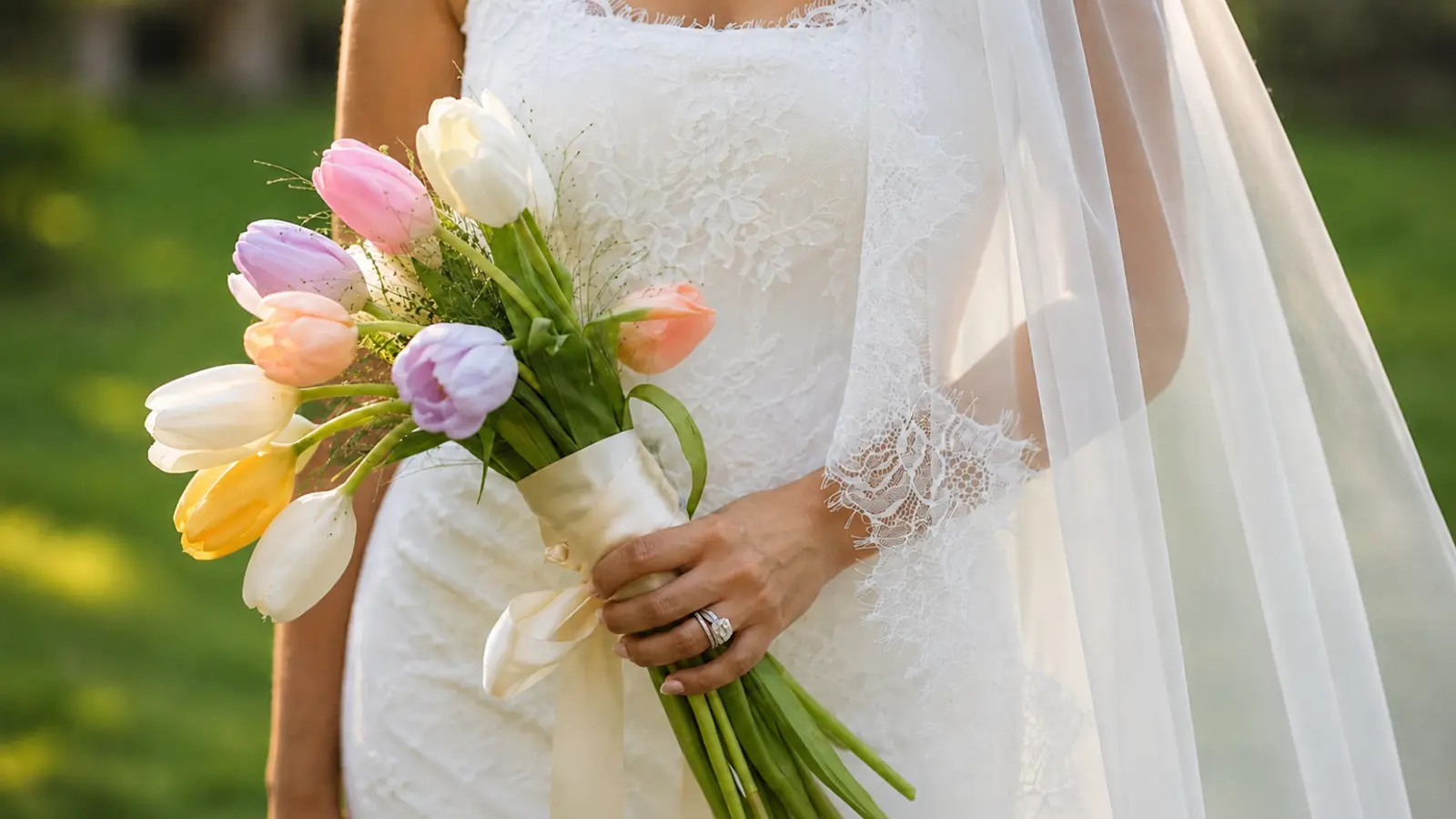 Bride holding a pastel tulip wedding bouquet with mixed spring colors