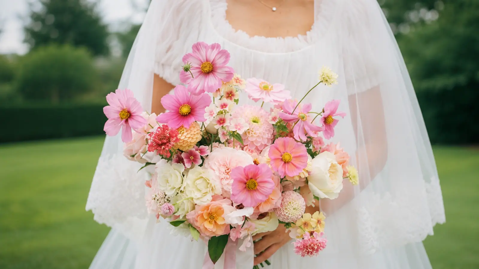 Bride holding a pastel wedding bouquet with pink cosmos and roses