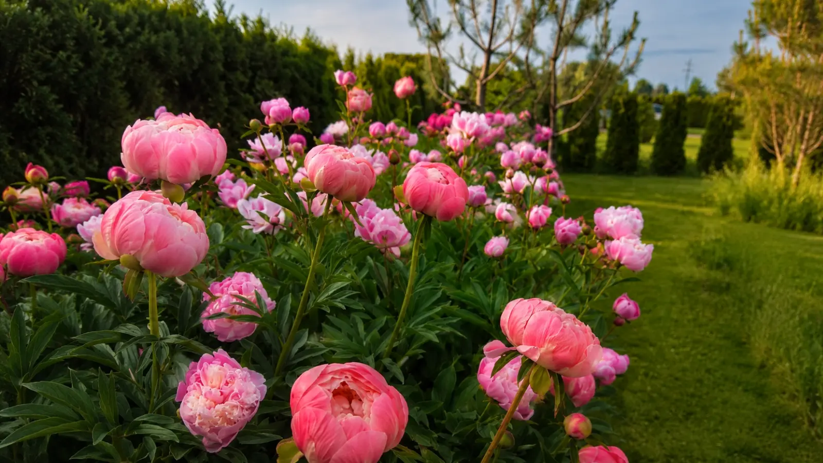 Garden filled with blooming pink peony flowers growing outdoors during the spring flowering season