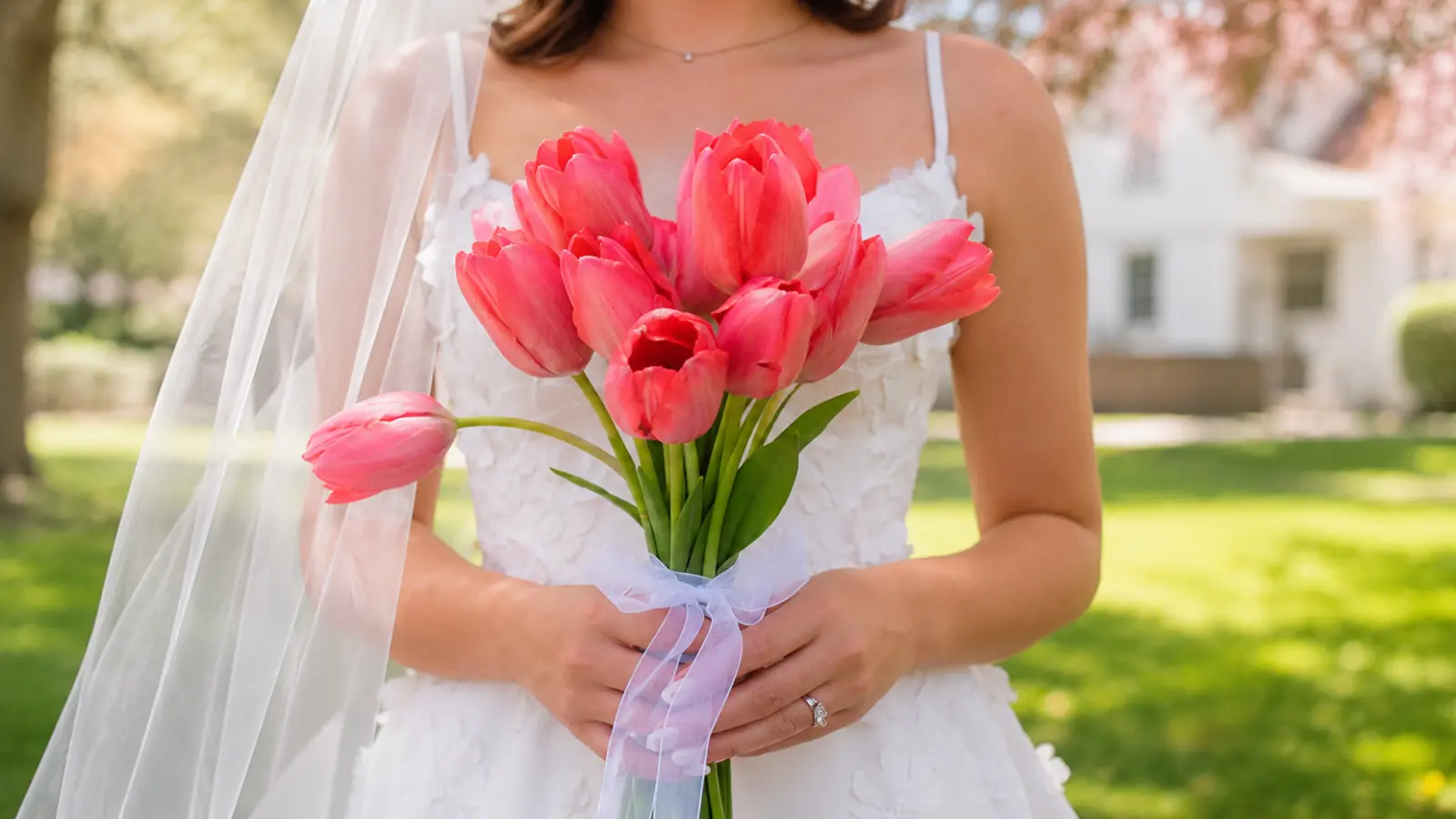 Bride holding a bouquet of vibrant pink tulips tied with a sheer white ribbon Tulip Wedding Bouquets