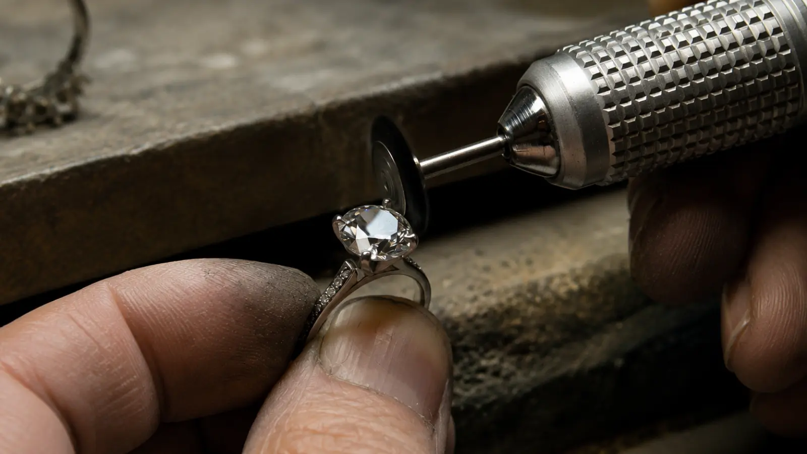 A jeweler carefully polishes a lab-grown diamond wedding rings using professional tools to achieve a flawless finish and exceptional sparkle
