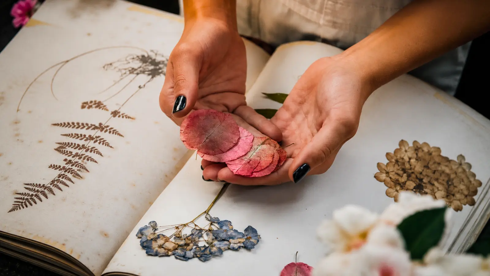 Hands holding pressed pink petals over an open book filled with preserved wedding flowers and fern leaves How to Preserve a Wedding Bouquet