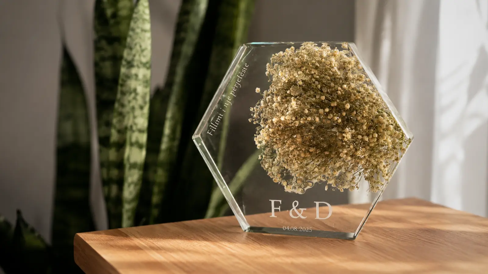 Dried wedding bouquet preserved inside a clear hexagon resin display with engraved initials on a wooden table